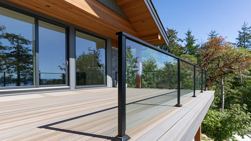 Modern luxury home exterior deck with glass railing and wood flooring overlooking forested landscape