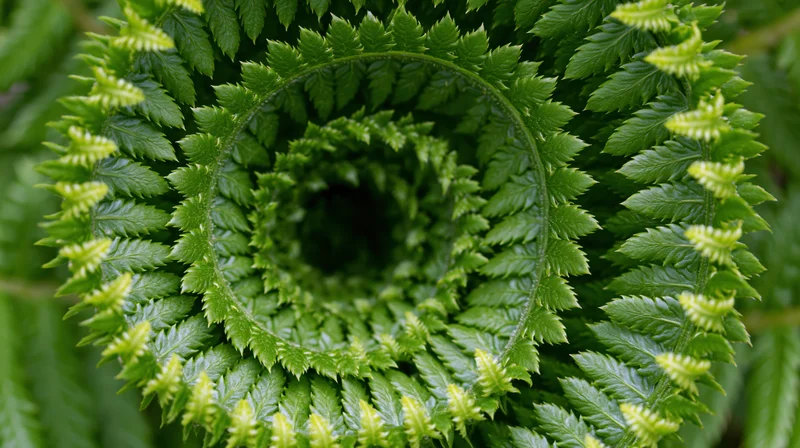 Spiral fern frond unfurling in close-up view