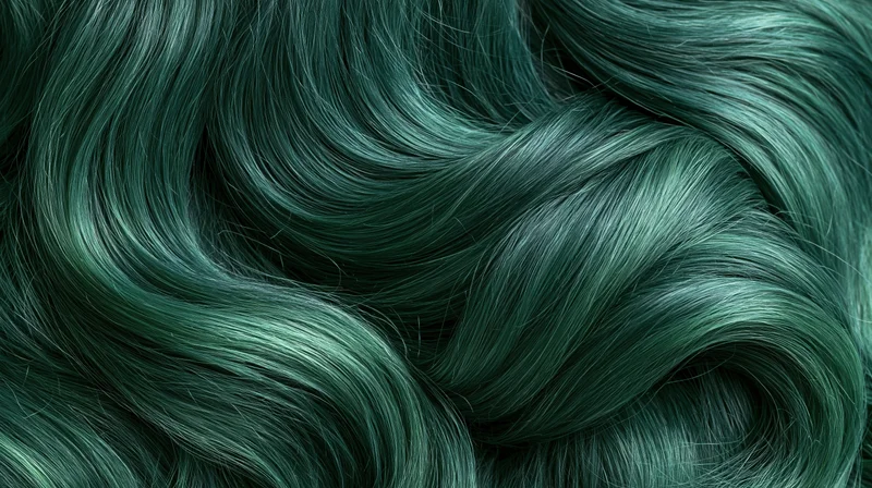 Close-up of wavy emerald green dyed hair with glossy texture