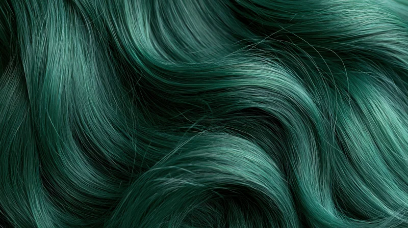 Close-up of wavy emerald green dyed hair with glossy texture