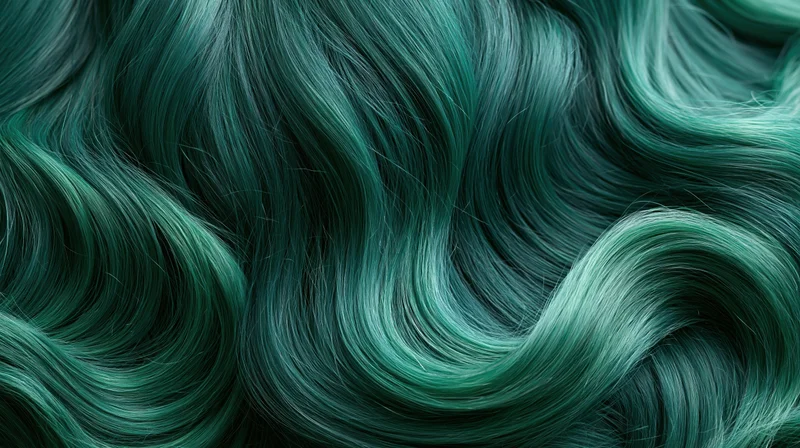 Close-up of emerald green dyed curly hair with glossy texture