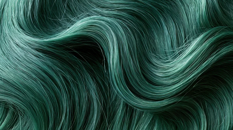 Close-up of emerald green dyed hair with glossy waves and smooth texture