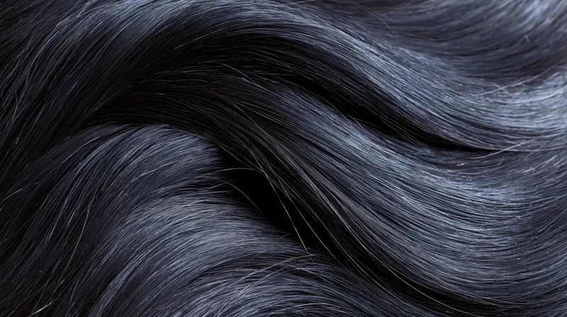 Glossy black human hair strand in flowing waves, extreme close-up macro view