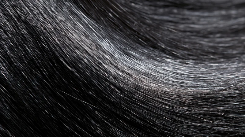 Closeup of straight black hair strands showing glossy texture and natural shine