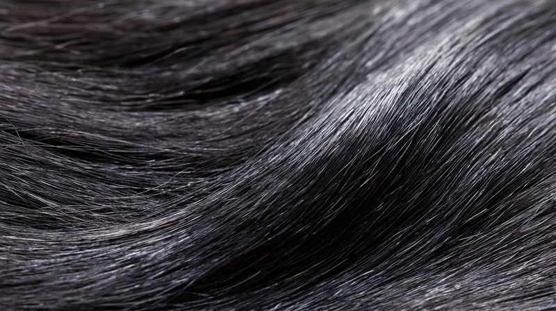 Closeup of straight black hair strands showing smooth texture and shine