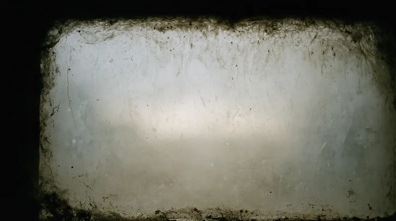 Close-up of a dirty window pane covered in grime and streaks, showing signs of neglect and decay