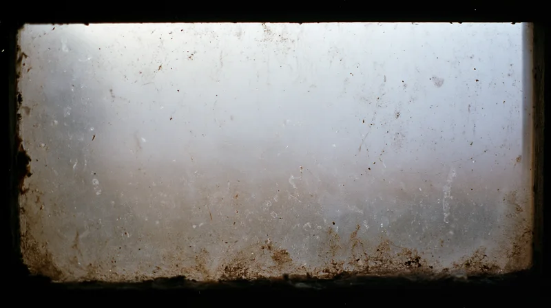 Dirty window pane covered in grime and dust showing signs of neglect and decay