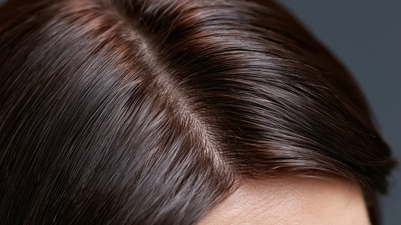 Closeup of a woman's dark brown hair with a neat side part showing scalp and hair texture