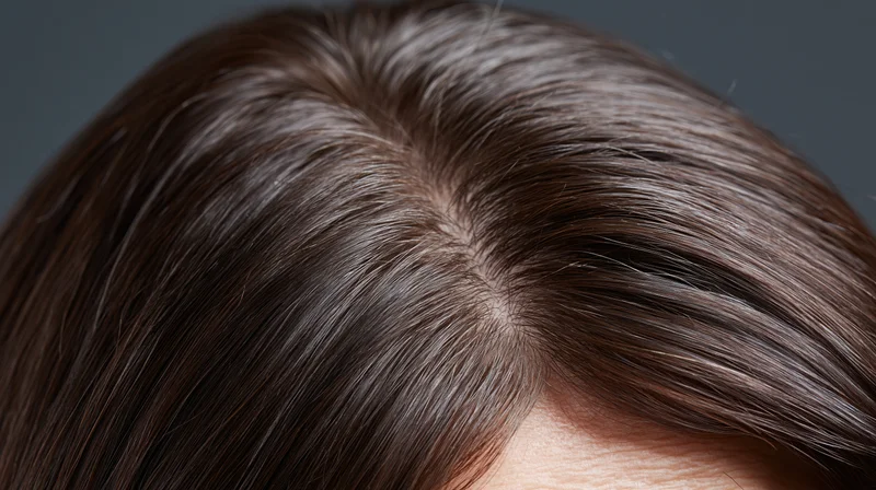 Close-up of a woman's dark brown hair with a neat side part showing scalp and hair texture