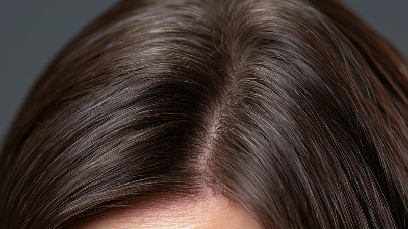Close-up of a woman's dark brown hair with a neat side part showing scalp and hair texture