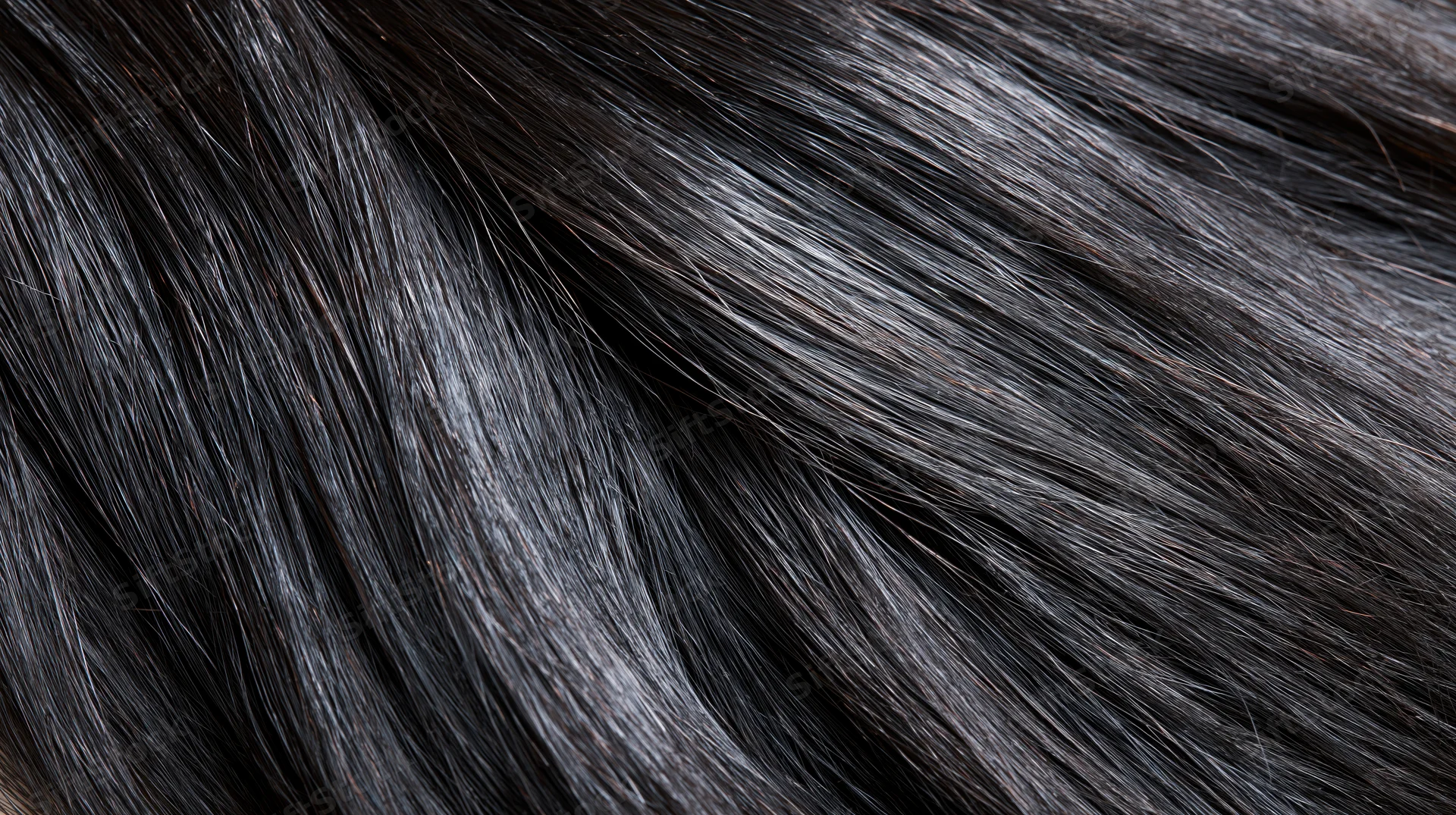Closeup of straight black hair strands showing glossy texture