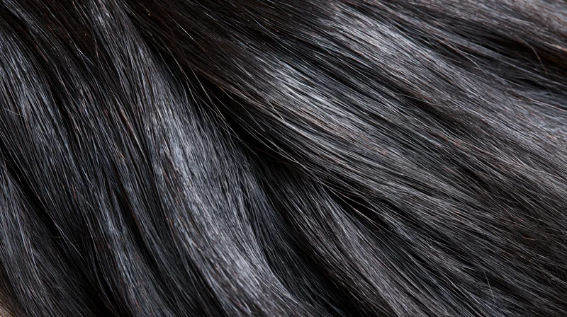 Closeup of straight black hair strands showing glossy texture