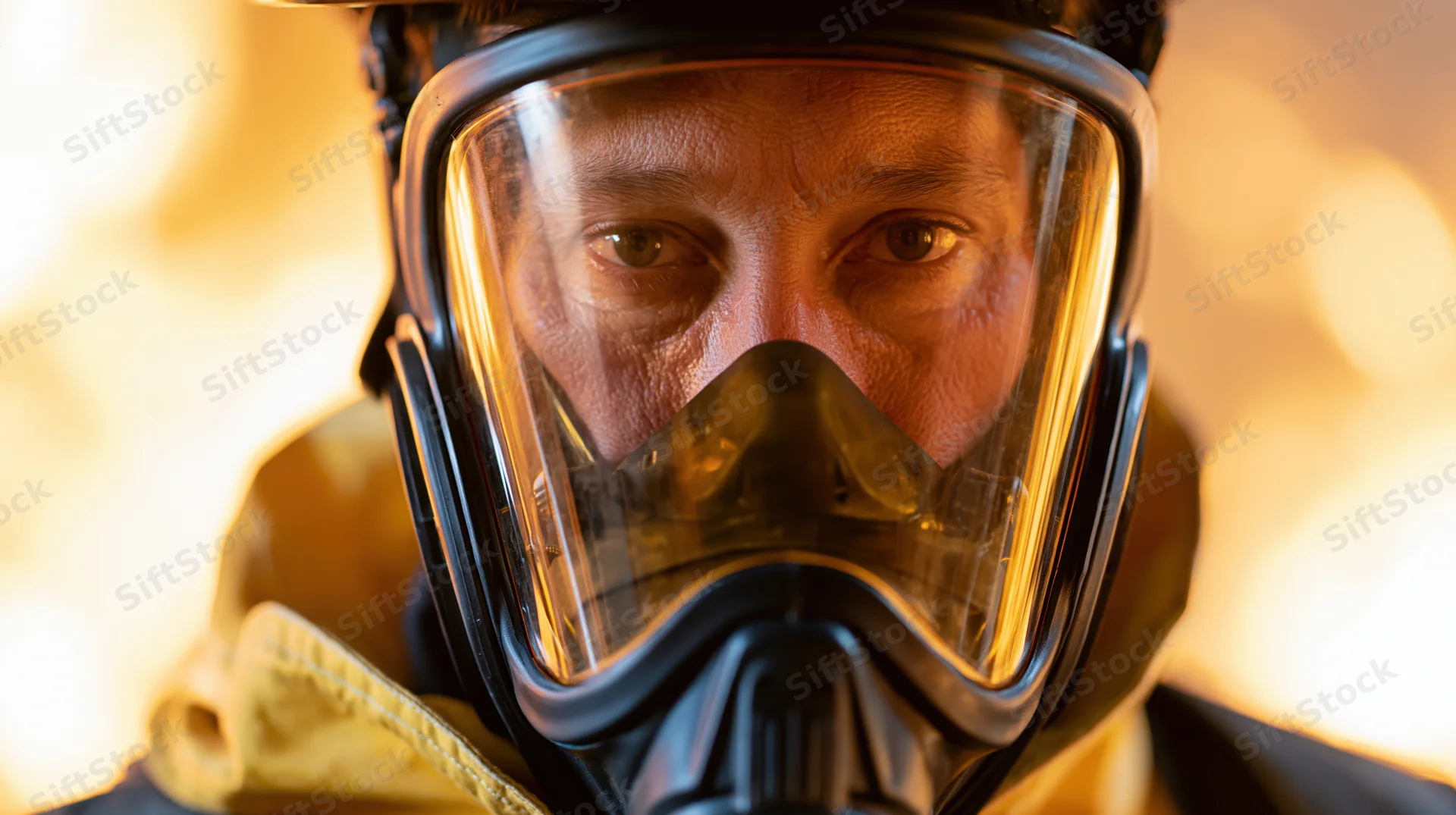 Firefighter wearing full-face respirator and helmet in close-up view