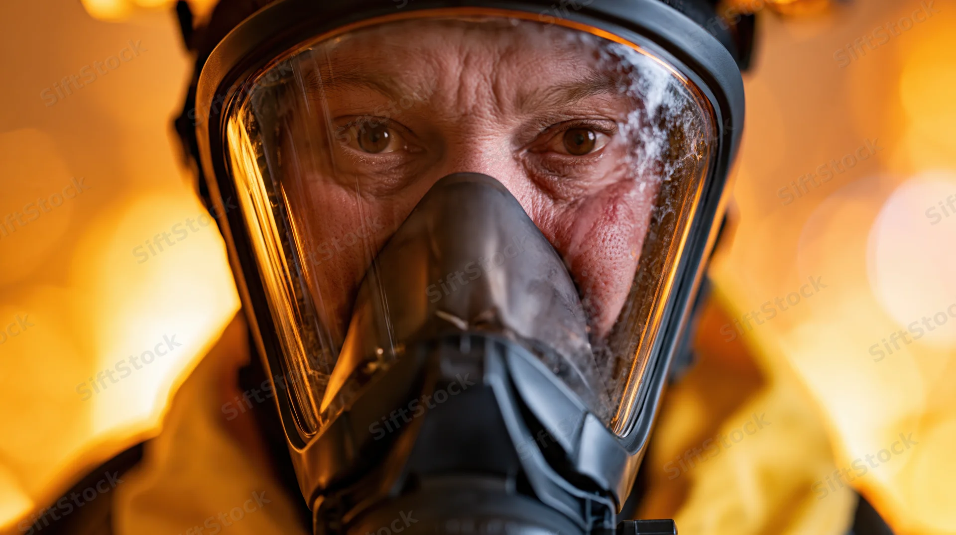 Firefighter in full-face respirator helmet looking intensely at camera with glowing orange background