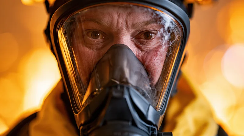 Firefighter in full-face respirator helmet looking intensely at camera with glowing orange background