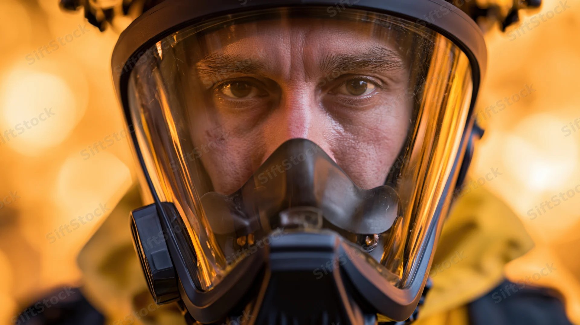 Firefighter in full-face respirator helmet looking directly at camera with intense eyes, yellow uniform visible, warm bokeh background