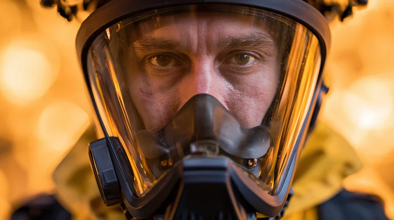 Firefighter in full-face respirator helmet looking directly at camera with intense eyes, yellow uniform visible, warm bokeh background