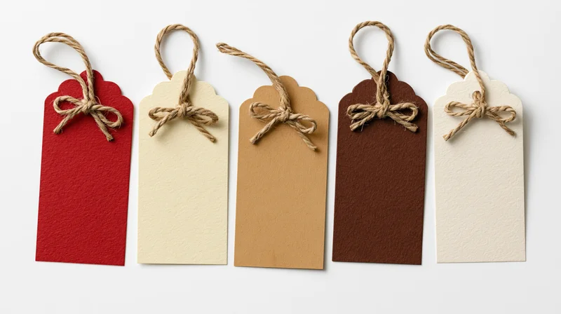 Five blank paper gift tags in red, cream, beige, brown and white, each tied with twine bow, arranged in a row on white background