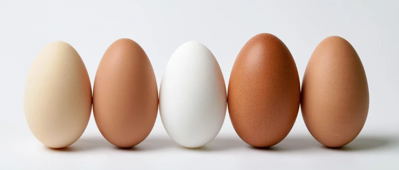 Five chicken eggs in a row on a white surface