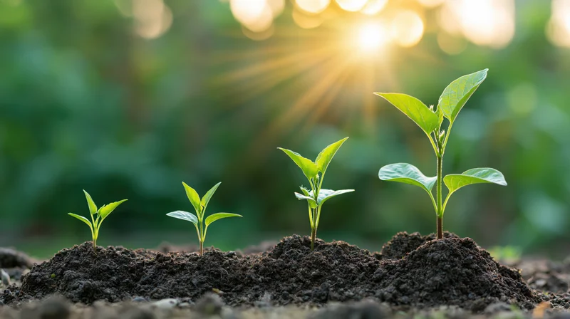 Four seedlings in increasing size arranged in a row in soil with sunlight behind them