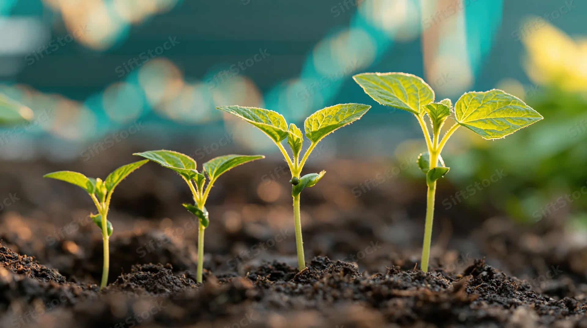 Five seedlings growing in a row in dark soil with sunlight highlighting their leaves
