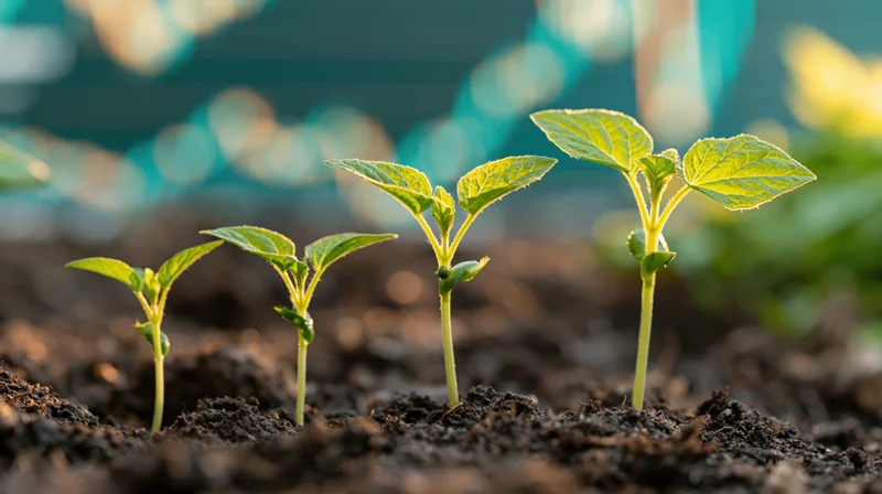 Five seedlings growing in a row in dark soil with sunlight highlighting their leaves