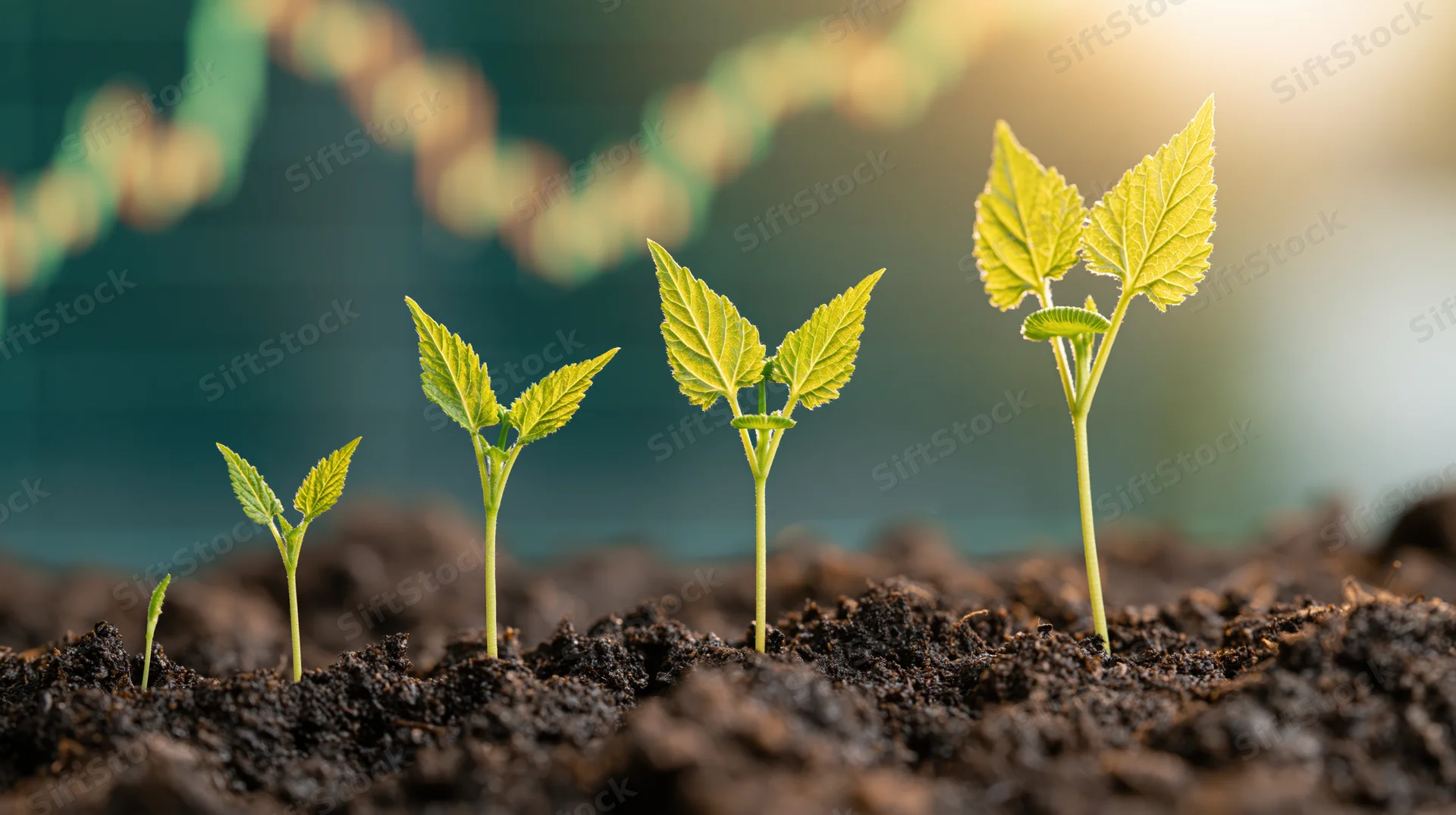 Five seedlings growing progressively taller in soil with a blurred financial chart in the background