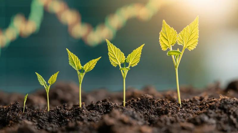 Five seedlings growing progressively taller in soil with a blurred financial chart in the background