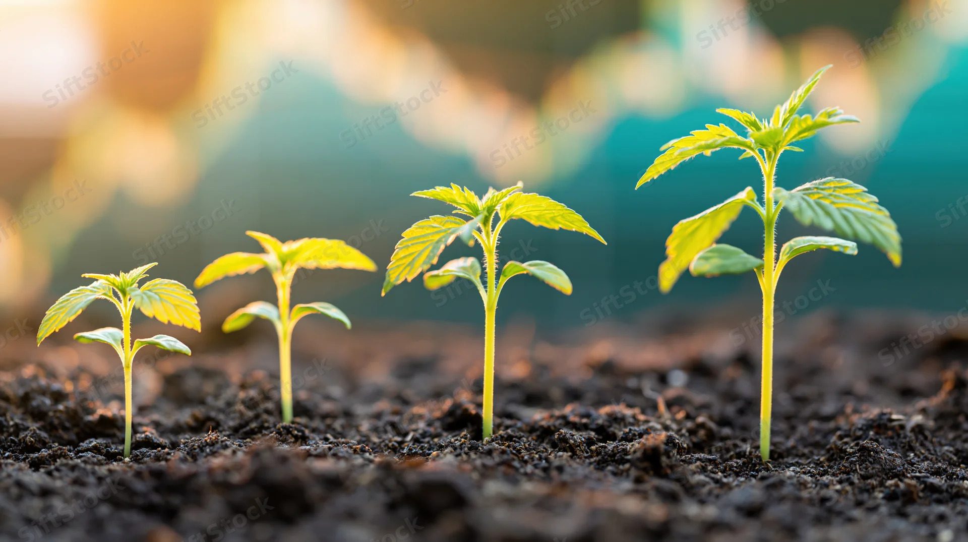 Four cannabis seedlings growing in a row in dark soil with sunlight in the background