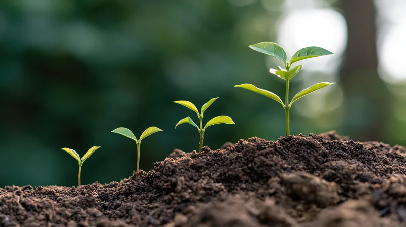 Four seedlings in ascending growth stages emerging from dark soil in a garden setting