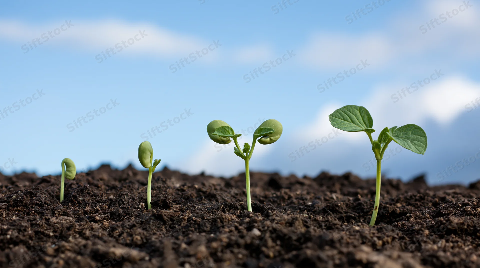 Five seedlings in progressive stages of growth emerging from dark soil under a blue sky