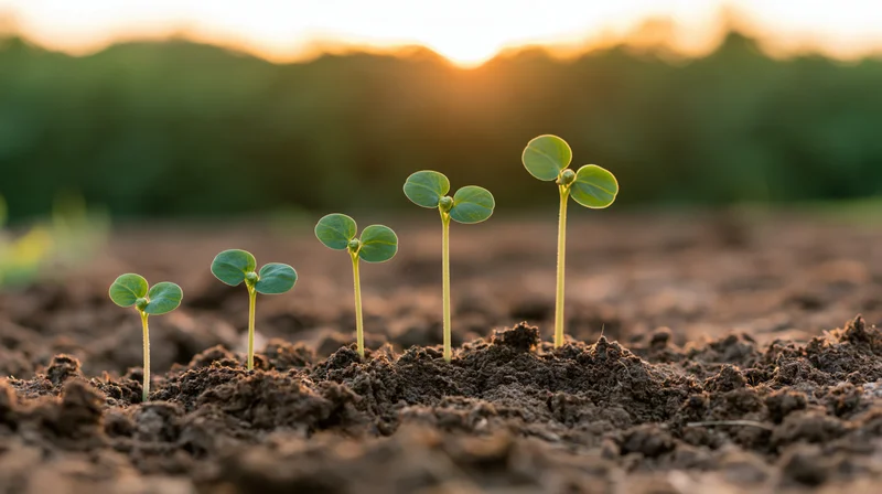 Five seedlings of increasing height growing in dark soil at sunrise