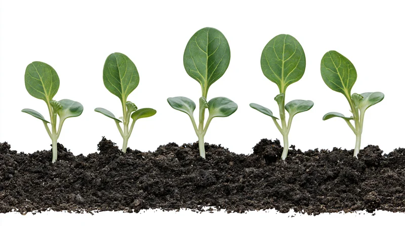 Five seedlings in sequential growth stages emerging from soil against white background