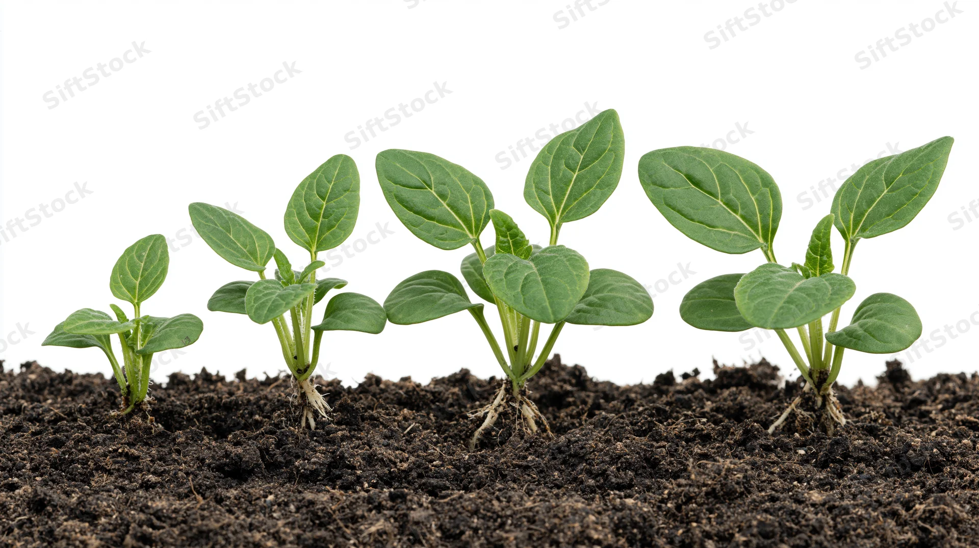 Five seedlings in sequential growth stages emerging from soil against white background