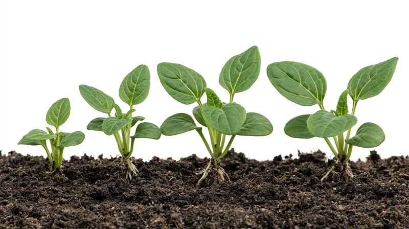 Five seedlings in sequential growth stages emerging from soil against white background