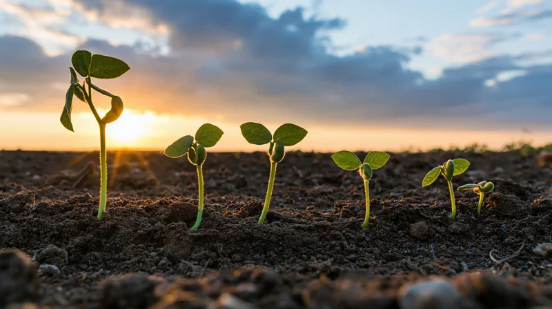 Five soybean seedlings in progressive growth stages emerging from soil at sunrise