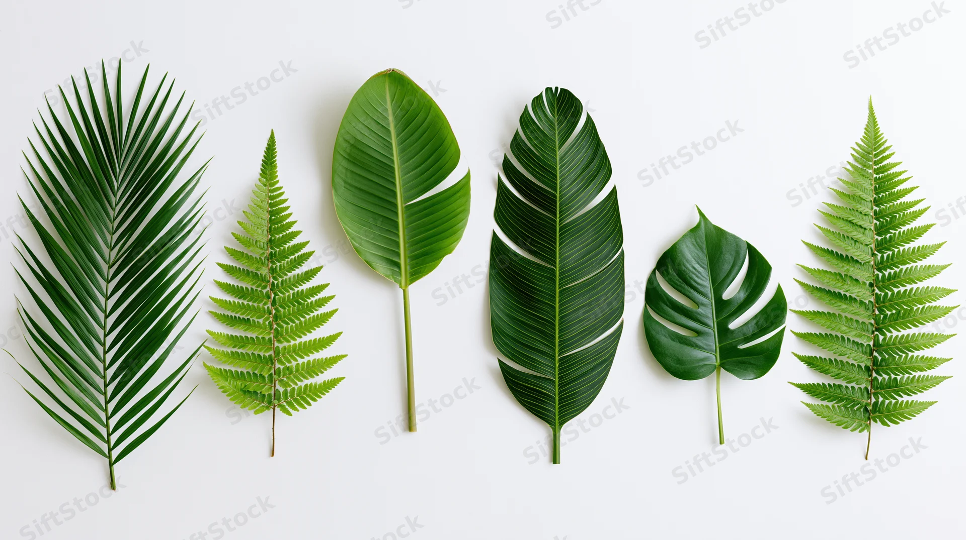 Five tropical leaves arranged in a row on a white background