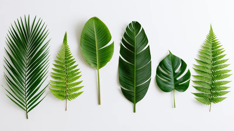 Five tropical leaves arranged in a row on a white background