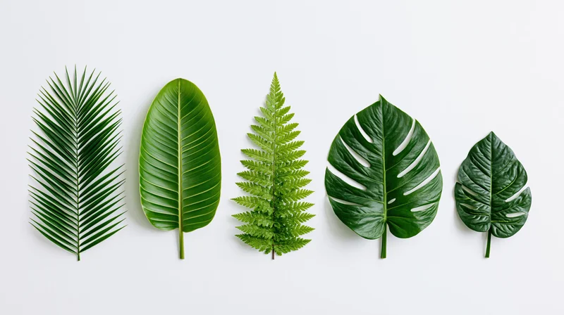 Five tropical leaves arranged in a row on a white background
