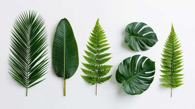 Five tropical leaves arranged separately on a plain white background