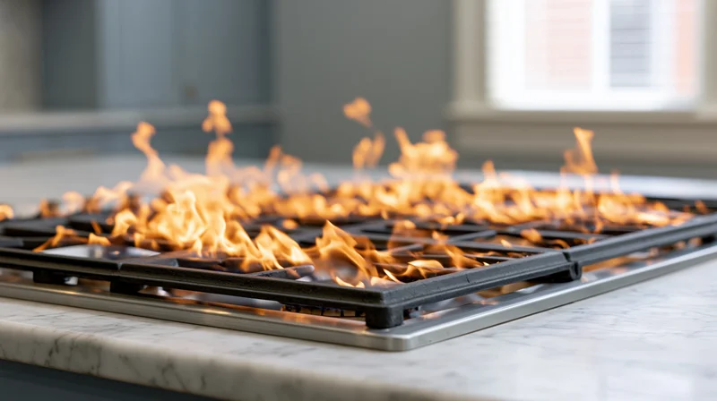 Flames burning across a gas stovetop built into a marble kitchen countertop