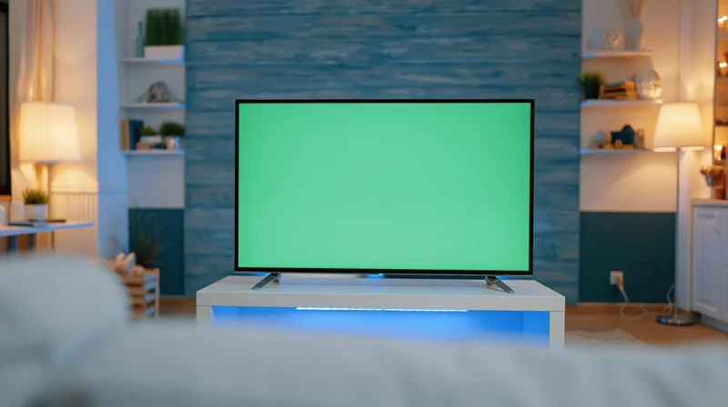 Flat-screen television with green chroma key screen on white stand in living room