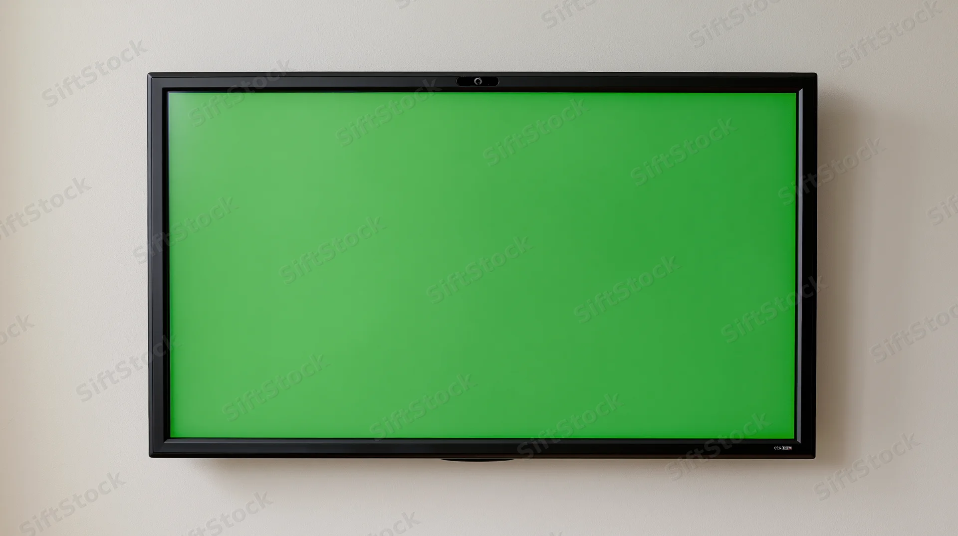 Flat-screen television with green display mounted on off-white wall
