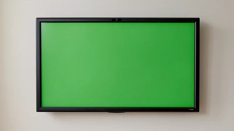 Flat-screen television with green display mounted on off-white wall