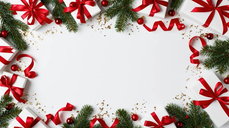 Christmas border frame with gifts, ribbons and pine branches arranged on white surface