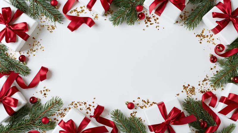 Christmas border frame with wrapped gifts, pine branches, red ribbons and gold confetti on white surface