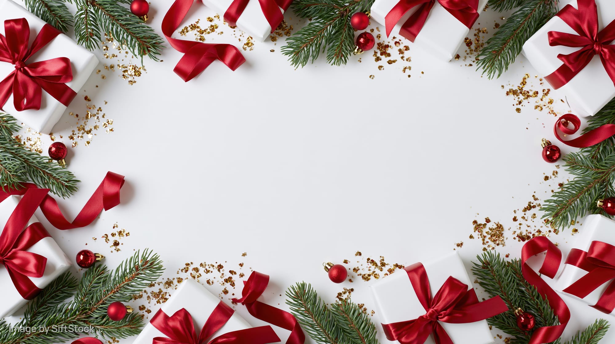 Christmas border frame with wrapped gifts, pine branches, red ribbons and gold confetti on white surface