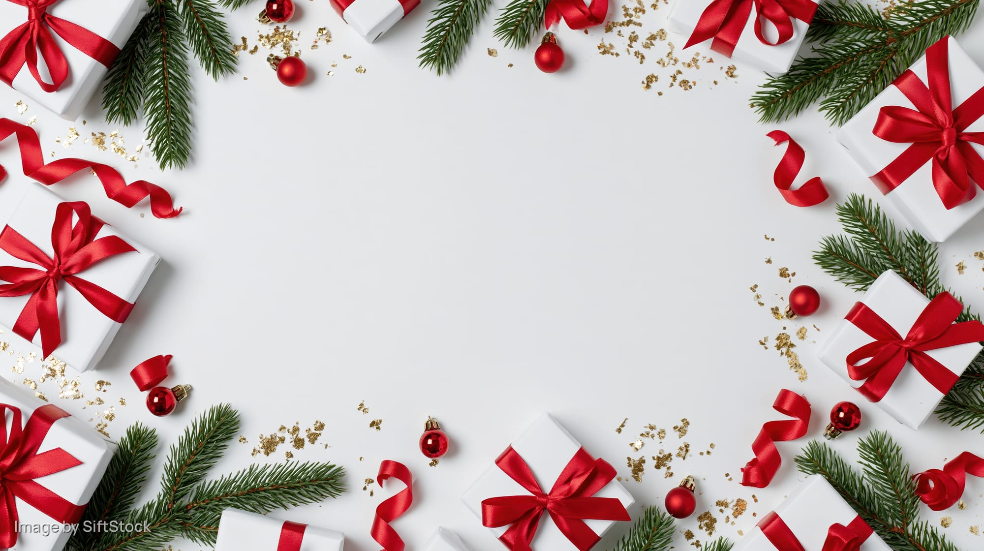 Christmas border frame with wrapped gifts, pine branches, red ornaments and gold confetti on white surface