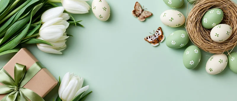 Easter still life flat lay with decorated eggs, white tulips, gift box, and nest on mint green background