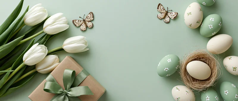 Easter still life with white tulips, decorated eggs, a gift box and butterflies on a mint green background